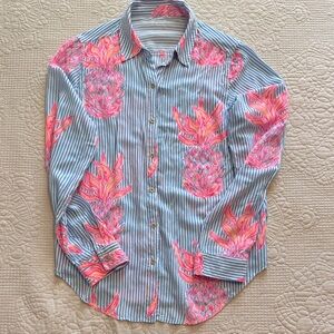 Lilly Pulitzer Blue and Pink Pineapple Blouse sea view in Blue Peri Rum print